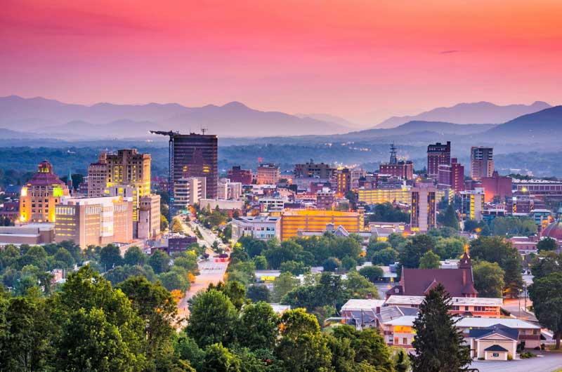 Asheville NC downtown with the Blue Ridge Mountains