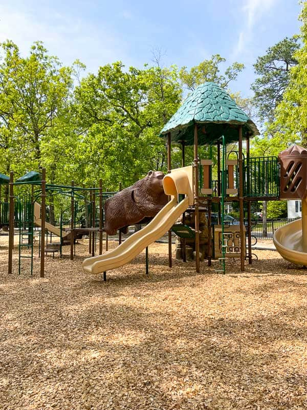 The playground at Sims Park in Shandon, showing a bear tunnel, tic-tac-toe and slides