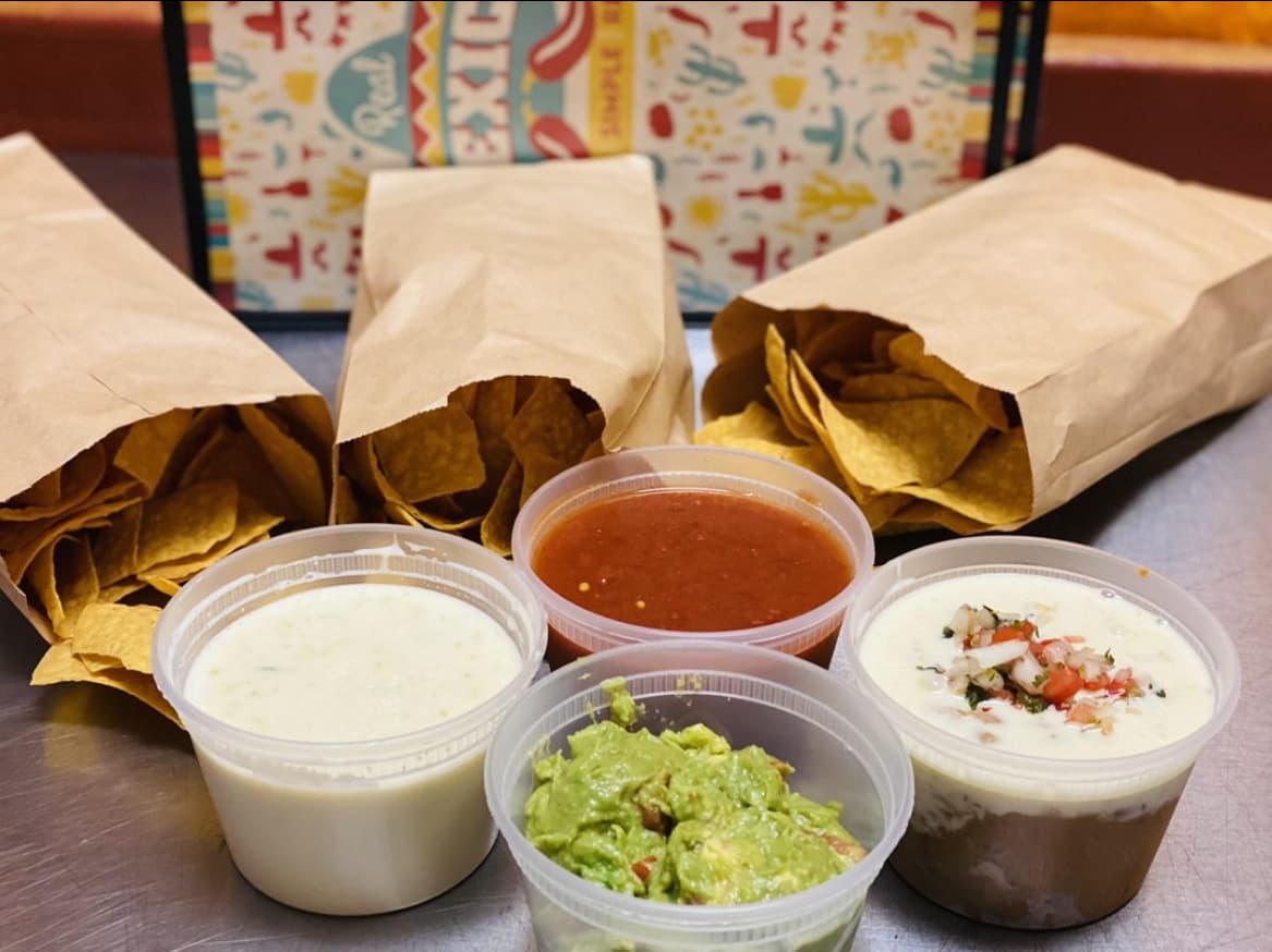 Fiesta dip takeout (queso, bean dip, salsa, guacamole) from Real Mexico in Columbia, SC