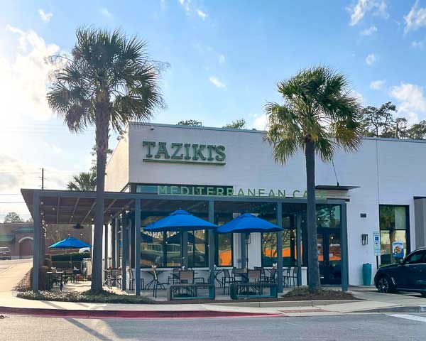 Exterior and outdoor seating at Taziki's Mediterranean Cafe in Columbia, SC