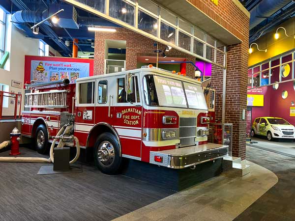 Fire truck exhibit for kids inside EdVenture Children's Museum in Columbia, SC