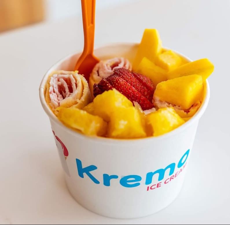 Rolled ice cream topped with strawberries and mango from Kremo Ice Cream in Columbia, SC
